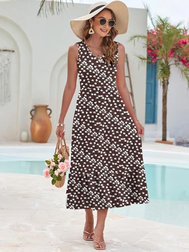 Image of AUSELILY Womens Summer Maxi Dress Casual Sleeveless V Neck Floral Dresses | A line shape with practical side pockets, Vacation dress for resort walks, Pair with low heels and simple jewelry