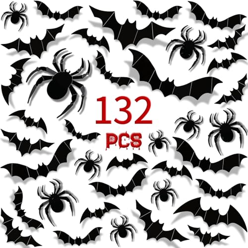Halloween Decorations-Halloween Bats Wall Decor 132PCS Realistic PVC 3D Black Scary Spider Sticker for Creepy Home Decor,Double-Sided Adhesive Included
