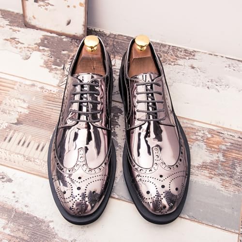 Image of Men's Sparkle Patent Leather Brogue Wingtip Lace Up Dress Oxford Shoes Tuxedo Modern Round Toe Slip On Derby Shoes for Wedding Evening Party