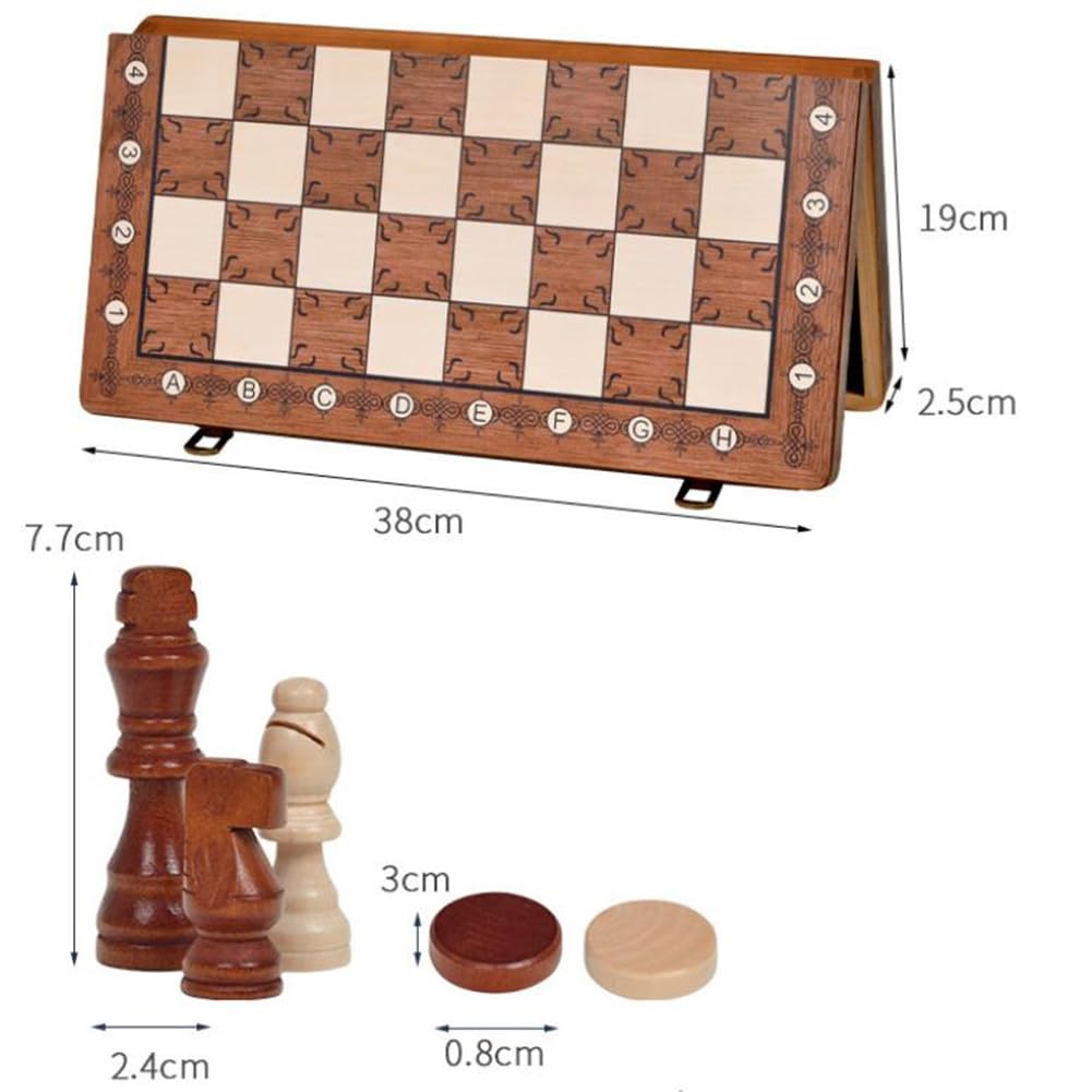 2-in-1 Foldable Magnetic Wooden Chess & Checkers Set, Portable Storage Board Tabletop Puzzle Game Toy