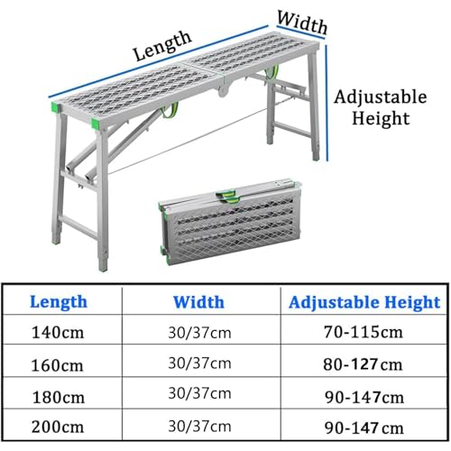 Piattaforma di lavoro pieghevole regolabile, scala portatile con capacità di carico di 400 kg, per casa e officina, design compatto 200 x 37 cm