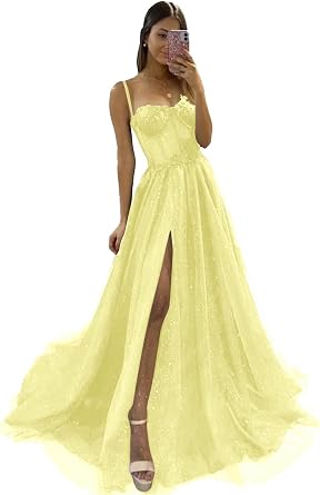 zcbang Sparkly Tulle Prom Dresses for Women 2026 Lace Corset Modest A Line Formal Evening Party Gowns with Slit