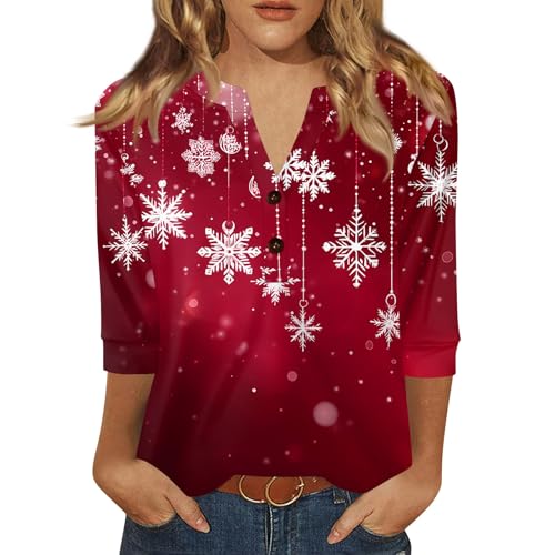 Generisch Weihnachten Tshirt Damen Lang Weihnachtskleid Elegant Langarm Kariertes Weihnachtshemd Freundinnen Christmas Rot 2XL