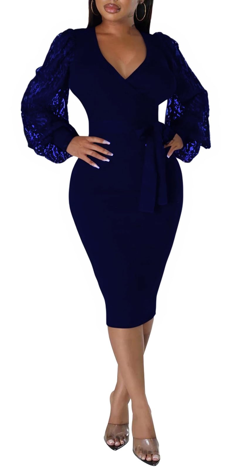 BestGirl Womens Bishop Sleeve Dresses V Neck Casual Party Work Sheath Midi Dress