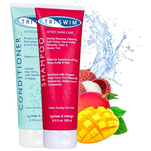 TRISWIM Chlorine Removal Hair Care Bundle | After Swim Shampoo and Repair Conditioner | Removes Chlorine Salt & Hard Water Buildup and Repairs Damage Caused by Them | Lychee&Mango Scent 250+250 ml