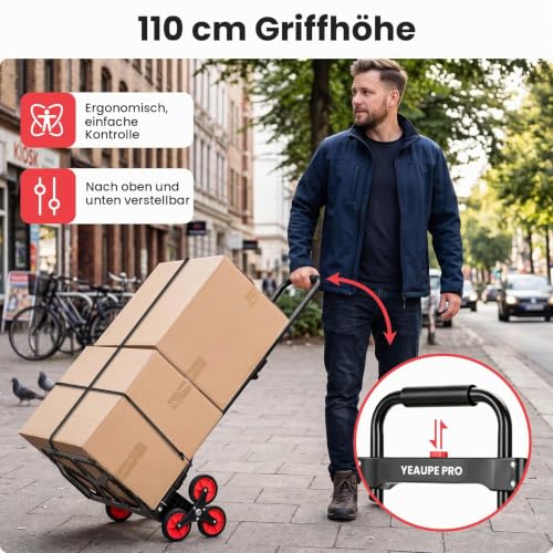 YEAUPE PRO Faltbare Treppensackkarre Höhenverstellbar 50 kg Schwarz