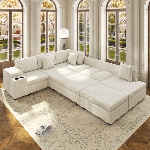 Image of KEIKI 110 inch L-Shaped Oversized Plush Corduroy Modular Sectional Sofa with Pull-Out Bed, Convertible 6-Seater Sleeper Couch Bed with 1 Ottomans & USB & Cup Holders, Easy Assembly, for Living Room, Beige