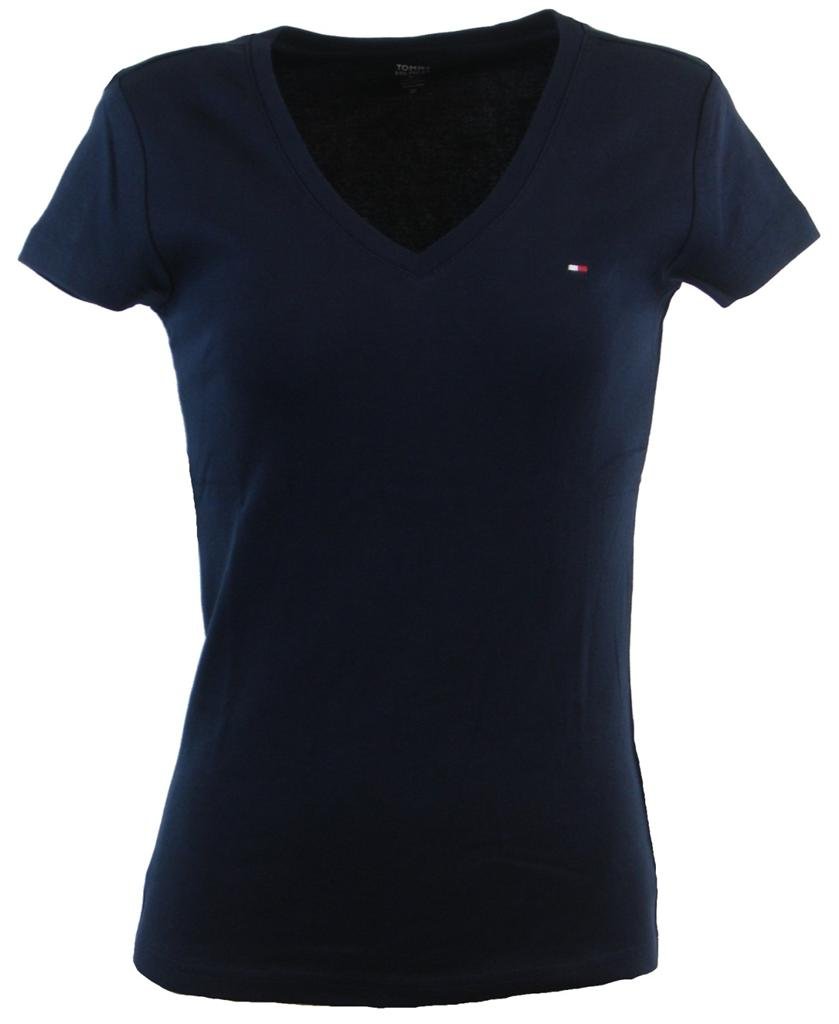 Tommy Hilfiger Womens V-Neck Solid Color Logo T-Shirt - L - Navy