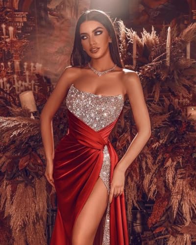 Glitter Mermaid Sequin Prom Dresses with Slit 2022 Long Satin Strapless Stretch Formal Evening Party Gowns for Women 6124