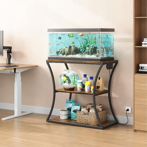 HavenlyYouth 20-29 Gallon Fish Tank Stand with Power Outlet, 3-Tier Aquarium Stand with Storage, Heavy Duty Metal Frame Tank Rack for Home Office, 31.5\" L x 15.7\" W x 30.4\" H, Rustic Brown - Thumbnail 7