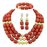 AfricanBeads 3 filas oro tono coral collar pulsera pendientes, boda perlas de coral nigeriano joyas Set