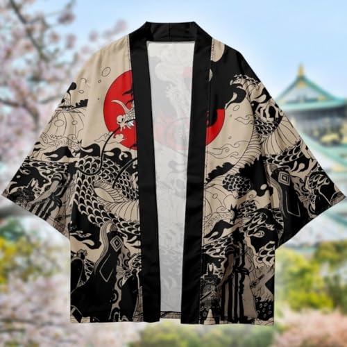 Open Front Cardigan with Dragon Print Traditional Samurai Kimono for Men Loose Beach Blouse for Summer Outdoor Sun Protection4