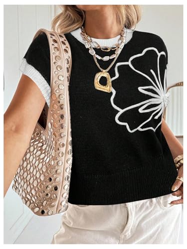 Image of SOLY HUX Women's Short Sleeve Sweater 3D Floral Sweaters Pullover Tank Tops Knit Vest Trendy Fashion Clothing Black White Flower X-Small