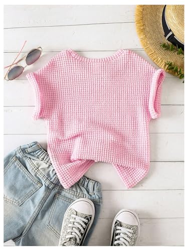 SweatyRocks Girl's Dolman Short Sleeve T Shirt Crew Neck Waffle Knit Casual Tee Tops2