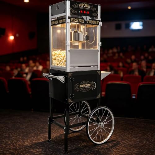 Image of 24Oz Commercial Popcorn Machine With Wheels - Stainless Steel Kettle Vintage-Style Popper Cart On Wheels With Tempered Glass Pop-corn Machine Maker For Home, Parties, Movie Theater (Black, 24oz) | 24OZ Stainless Steel Kettle, Tempered Glass Professional Pop Corn Maker, Large Capacity for Home Cinema, Christmas Gathering