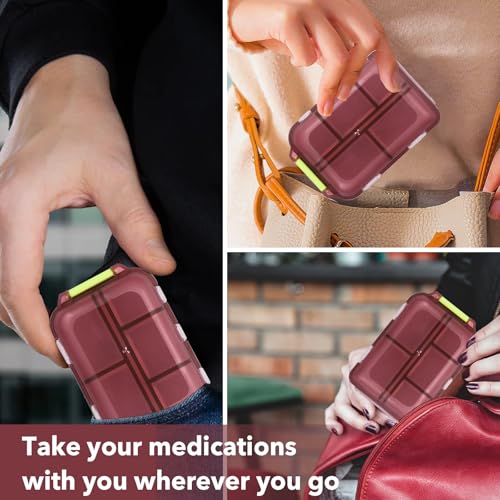 Image of Medicine Pill Organizer with 189 Labels, 10 Compartments Travel Pill Box, Mini Case, Compact Container for Purse (Brown)