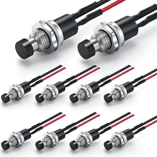 Twidec/10PCS 3V-6V-12V-24V-250V Momentary Push Button Switch 2 Pins ON/Off SPST 7mm Black Normal Open 1A Mini Round Button Switch with Pre-soldered Wires PBS-110-XBK