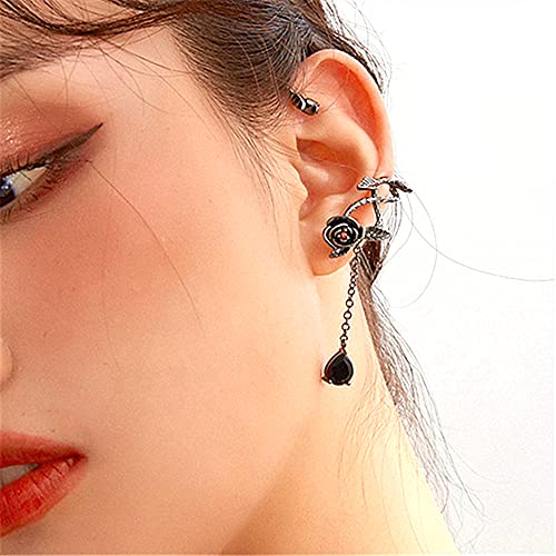 Bethynas Gothic Black Rose Ear Cuff With Water Drop Tassel Non-Piercing Solid Flower Vine Ear Cartilage Clip Retro Punk Floral Ear Climber Vintage Hip Hop Ear Crawler For Women Girls #TOP7