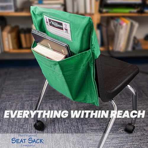 Image of Seat Sack Student Chair Storage Pocket - 17 inch, Single Pocket, Classroom Chair Organizer for Student Desks, Durable Over-the-Chair Storage, Ready-to-Use Name Tag Window, Green, 25-Pack