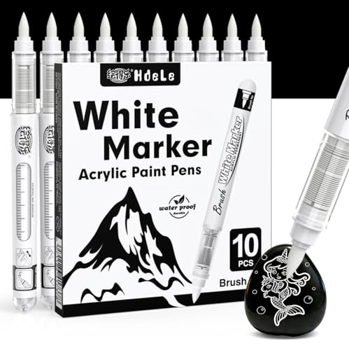 Image of Guangna White Acrylic Paint Markers, Direct Liquid Ink Pens with Brush Tip, Permanent White Paint Pens for Fabric Rock Painting, Wood, Canvas, Glass, Ceramic & Black Paper, Quick-Drying DIY Crafts
