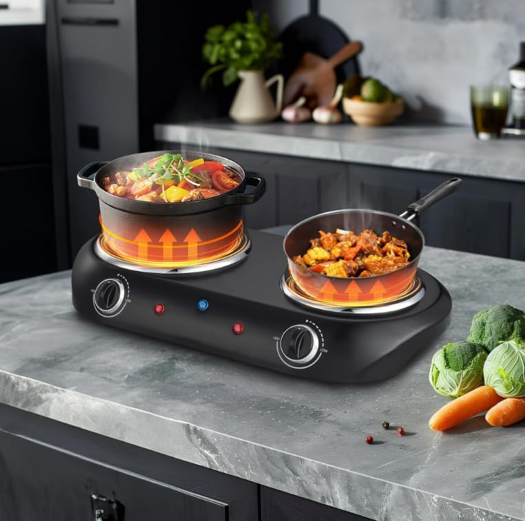 Miniatura 2 de Doble Quemador Eléctrico, dos quemadores con controles duales para ajustar temperaturas, 1800 W, Negro
