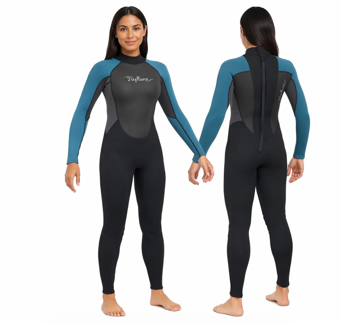 Ladies Neptune 3/2 mm Neoprene Full Wetsuit re Canoe Kayak Surfing Jetski Sailing Paddleboarding - UK ladies sizes 8, 10, 12, 14, 16, 18, 20 & 22 (Black/Teal, 14)