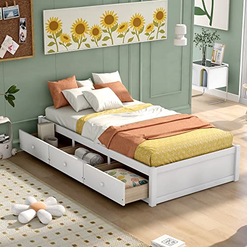 Twin Platform Bed Frame with 3 Storage Drawers, Wood Twin Size Bed with Support Slats, Twin Bed Frame for Kids,Teens,Adults No Box Spring Needed (White)