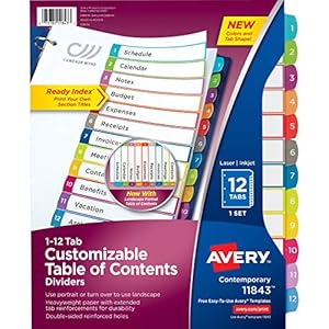 Avery 12 Tab Dividers for 3 Ring Binders, Customizable Table of Contents, Multicolor Tabs, 1 Set (11843)