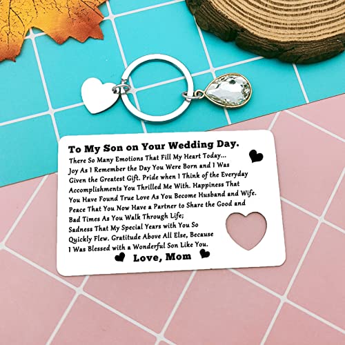 Heigebi To Son Wallet Card Engraved Metal Wallet Card Gift Wedding Gift from Mom to Son Groom Fiance Anniversary Engagement Day Valentine Mini Love Notes for Him Adult Men from Parents2