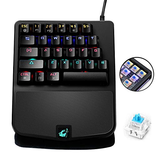 Preisvergleich Produktbild LexonElec® Einhandige mechanische Gaming-Tastatur K9 Wired RGB LED Hintergrundbeleuchtung 28 Tasten USB Ergonomische Einhand Gamer Tastatur mit Handhalter für Laptop Computer Blau Switch
