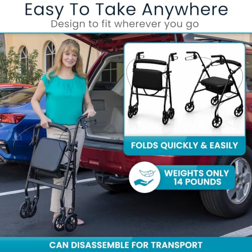 Image of Vive Ultra Lightweight Rollator Walker with Seat - Foldable, Narrow, Rolling Senior Walker for Small Spaces - 4 Wheel Aluminum Adult Easy Drive Aid with Underseat Accessory
