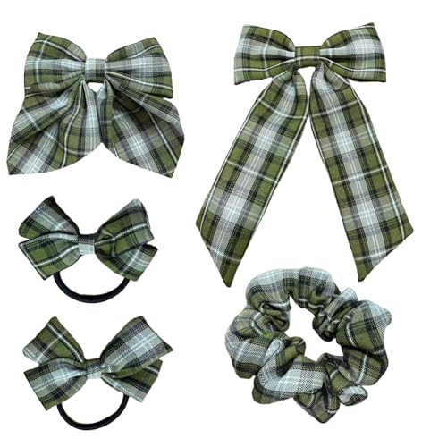 5 Pcs School Uniform Plaid Hair Bows, Uniform Hair Accessories For Girls, Plaid Bow Clips Scrunchies, Back To School Costume Accessories (Green)