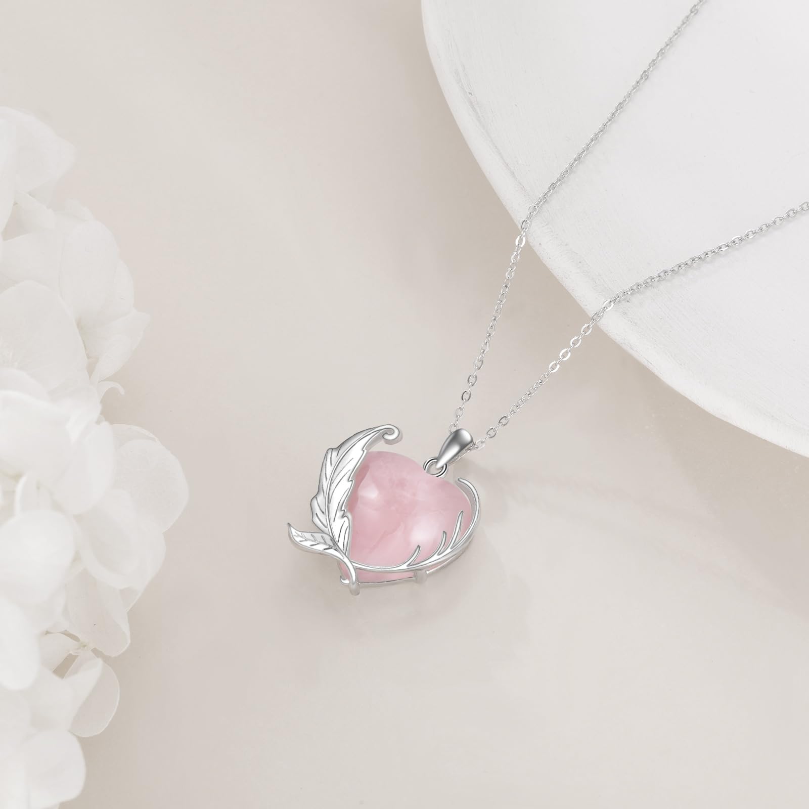 YFN Feder Kette Sterling Silber Rosenquarz Herz Anhänger Halskette Federschmuck für Frauen Mädchen Feder Geschenke