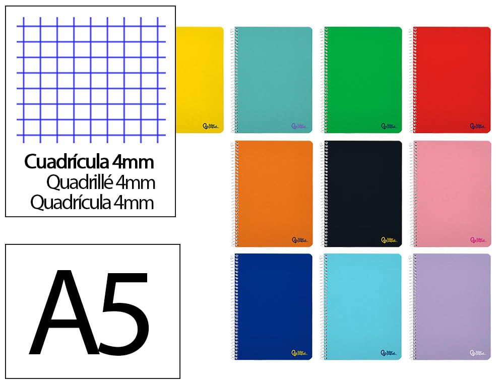 Cuaderno espiral A5 148 x 210 mm smart tapa blanda 80h 75gr cuadros CP 4mm con margen colores surtidos unidad