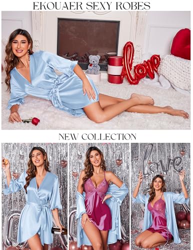 Image of Ekouaer Women's Satin Robe Valentines Lingerie for Women Kimono Bathrobe Short Ruffle Belted Robes Bridesmaids Sleepwear