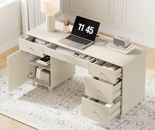 Image of WAMPAT Desk with Drawers & Storage Cabinet, 58 Inch Beige Wood Desk with Charging Station, Modern Home Office Large Wooden Executive Computer Desk, Vanity Desk for Bedroom