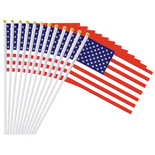 12 Pack American Flags on Stick, 5.5 x 8.2 Inch Small USA Handheld Flags for Parade Handouts,...
