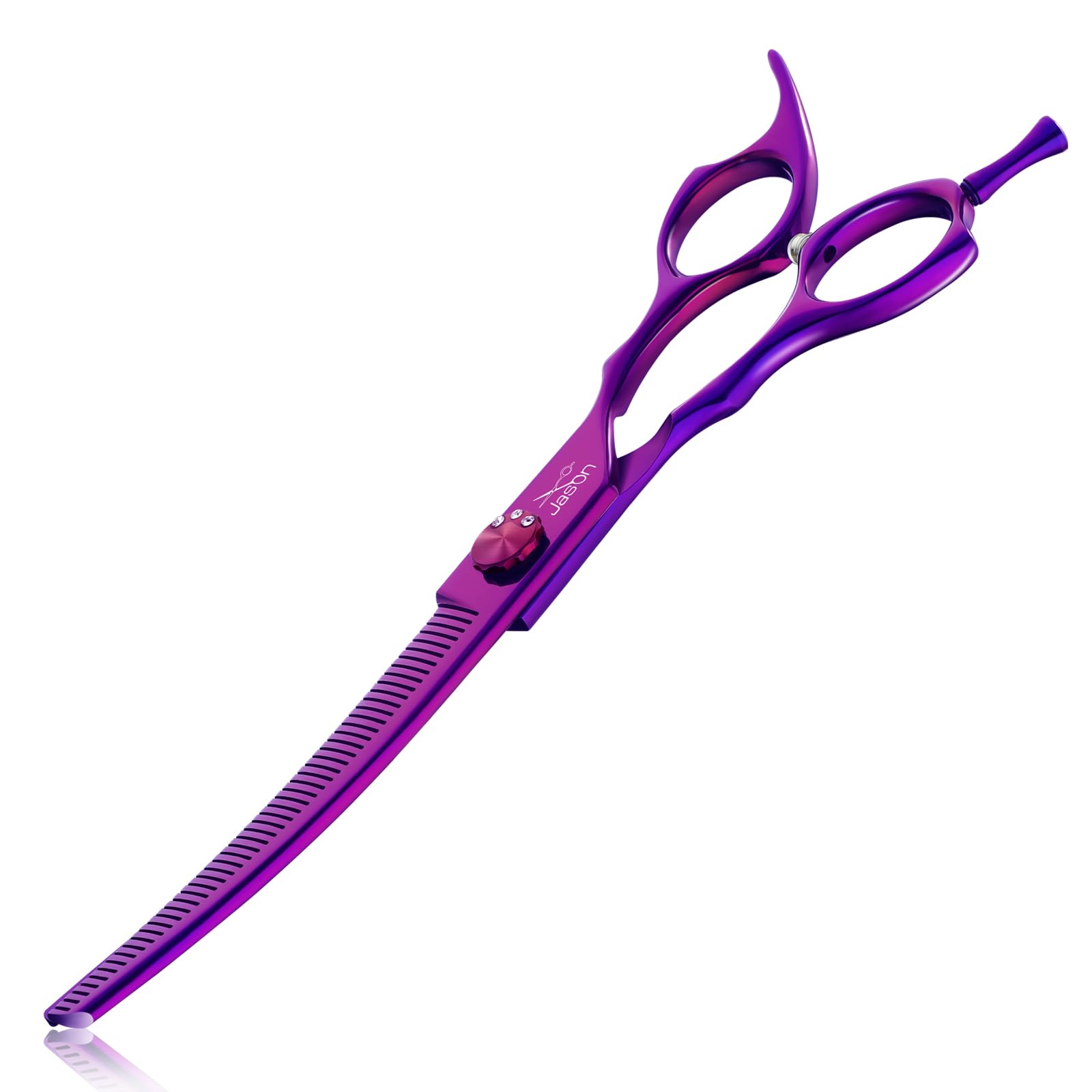 JASON Curved Thinner Dog Scissors - 7” Ergonomic Pet Scissor Purple Curved Thinning Dog Shear 440C Stainless Steel Grooming Shears Professional Pet Shears For Groomer (52-Teeth, Up-curved)