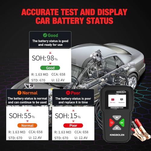 Autobatterietester 6V 12V 24V,KINGBOLEN BM550 PLUS 100-2000 CCA Auto Spannungsprüfer,2Ah-220Ah Autobatterie Prüfgerät,BatterieTester KFZ für Auto ATV SUV LKW Boot Motorrad.