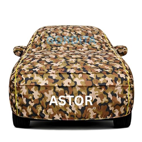 Image of Waterproof Car Body Cover for Astor All Weather Protection Comes with Inner Cotton Lining & Triple Stitched with Mirror & Antenna Pocket Belt & Elastic Fit Army with Yellow Piping2