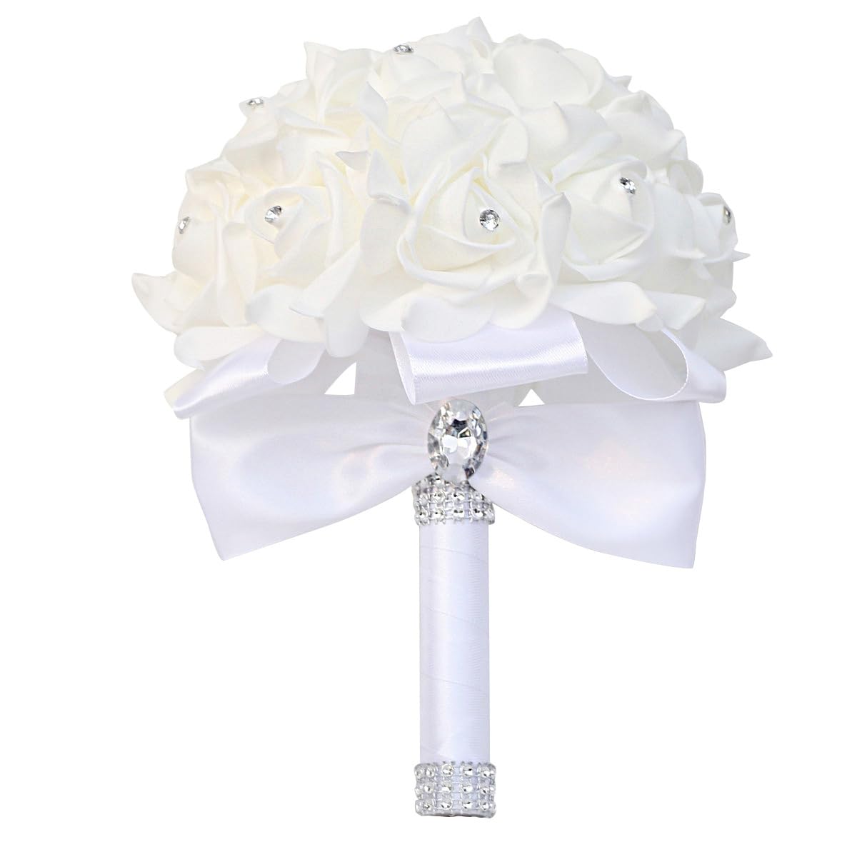 JOYWU White Wedding Bouquets for Bride,23 x 17cm Bridal Bridesmaid Holding Flowers with Crystal Diamond and Soft Ribbons,Rose Bridal Flower,Bridesmaid Hand Flower,Wedding Artificial Bouquet