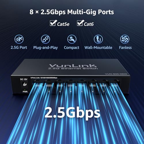 Image of 8-Port 2.5G Unmanaged Ethernet Switch, VunLink Multi-Gigabit 2.5GbE Network Switch, 8x2.5Gbps RJ45 Ports, Plug & Play, Fanless Metal Desktop /Wall Mount, Cat5e Compatible for NAS, Gaming & Home Office