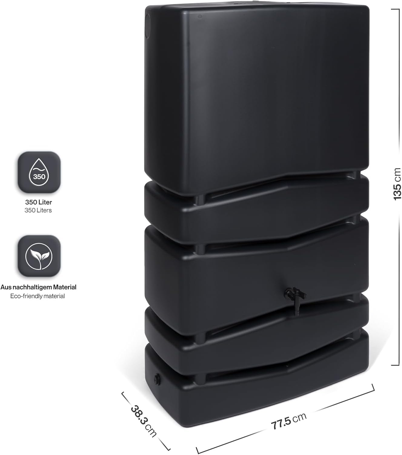 Kreher Regentonne XXL Aqua Tower 2er-Set Kunststoff (Anthrazit, 2 x 350 L) | Wassertonnen mit Verbindungsstück im schlichten Design, ideal zur Regenwassersammlung im Garten