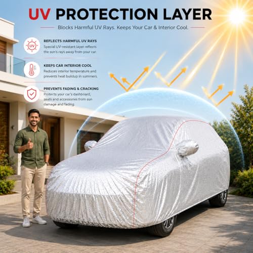 Image of Premium Car Cover for BMW 3 Series GT Model | Waterproof, UV & Dust Protection | Mirror & Antenna Pocket | Triple Stitched, Soft Inner Lining, Belt & Buckle (Metalic Silver)