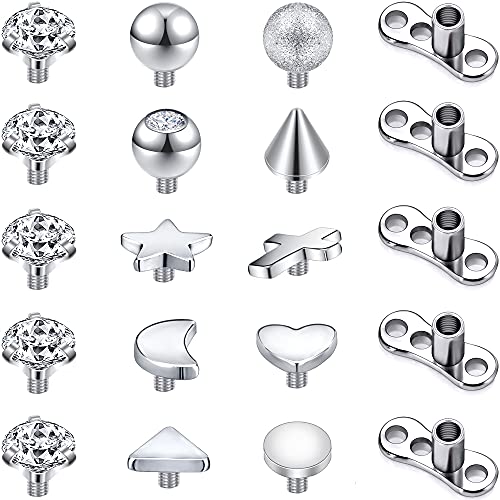 Piercing dérmico de acero quirúrgico 14G, 4-20 unidades, joyería de circonita cúbica, micro ancla dérmica, parte superior de titanio, base dérmica, Acero inoxidable Cover