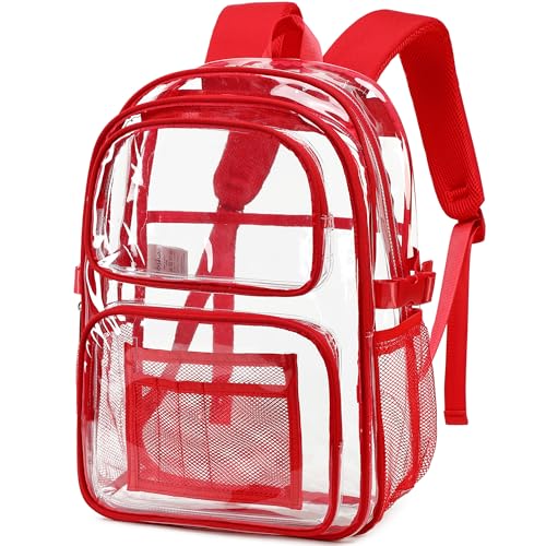 abshoo Large Heavy Duty Clear Backpack For School Bookbag Transparent Multi Pocket Backpacks (Red)