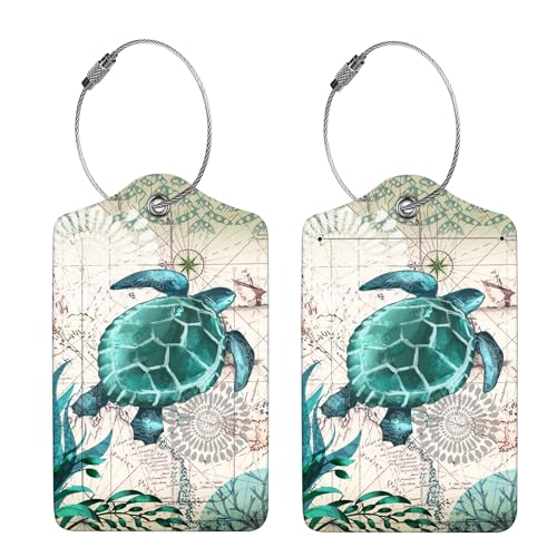 2 Pcs Luggage Tags for Suitcase, Cute Unique PU Leather Travel Bag Tag with Privacy Cover ID Label Address Card and Durable Metal Ring Suitable for Men Women Children Backpack, Turtles4