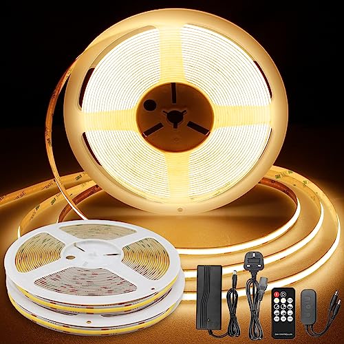 TTWAY COB LED Strip 20M, DC24V LED Strips with Power Supply, Remote Controller, 384LEDs/M, CRI 90+, 8mm Width, Dimmable LED Strip Lights for Home Decoration, Warm White, 2700K (2x10m)