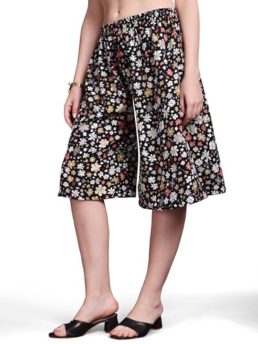 Image of THUMBA Women's Printed Poly Rayon Palazzo Pants | Wide Leg Culottes | Floral & Butterfly Print | Elastic Waist | Casual & Ethnic Wear | S M L XL 2XL 3XL