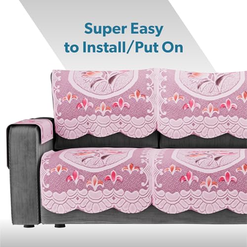 Image of Kuber Industries (Set of 16) Stylish & Durable Cotton Sofa Covers 5 Seater with Arms | Aesthetic Sofa Protector & Slipcover for Living Room & Office | Flower Design - White & Pink